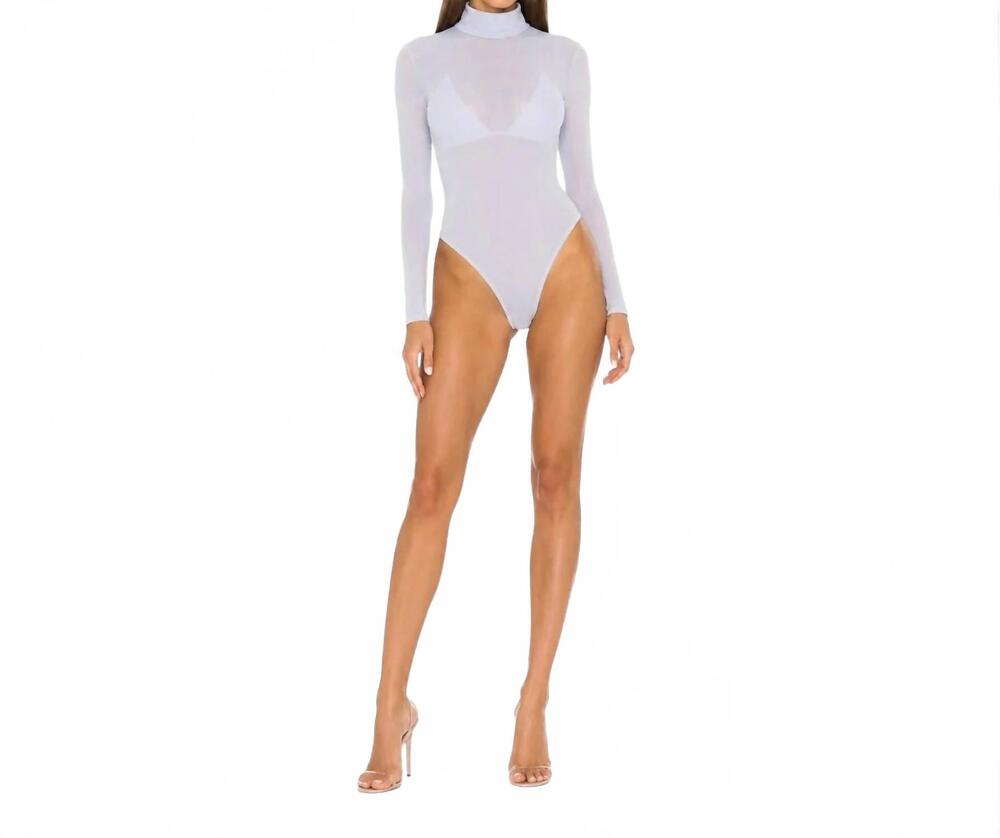 NEW MARIANDREE GAITAN caroline sheer mesh mock neck bodysuit in periwinkle
